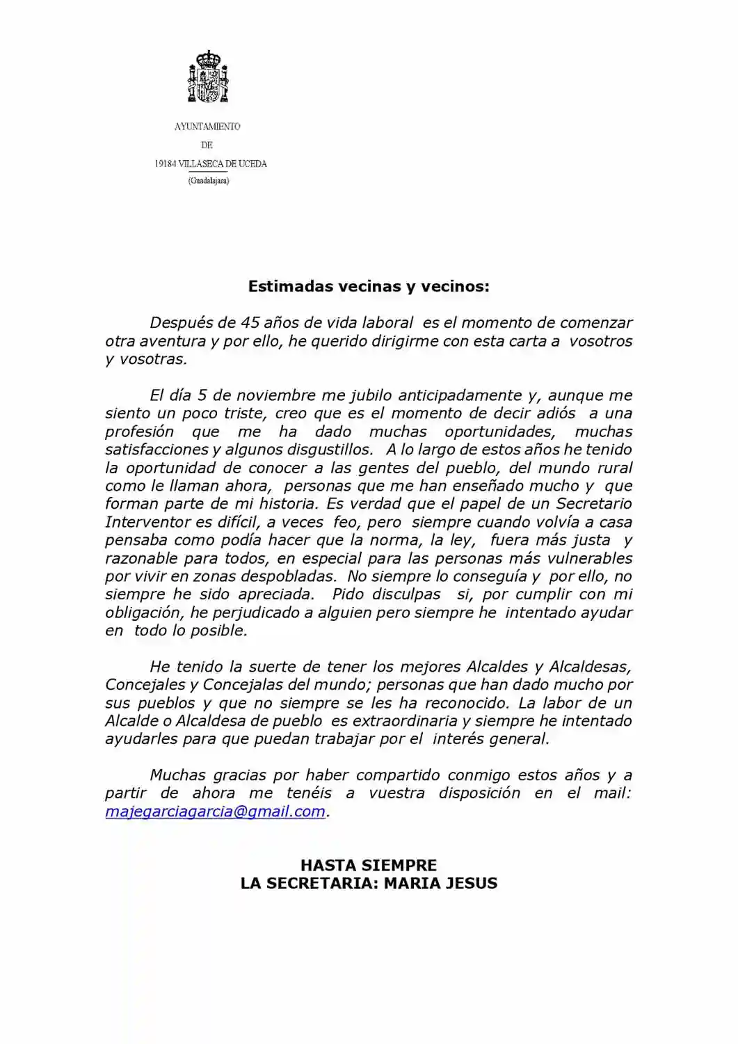 Carta de Despedida Mª Jesús